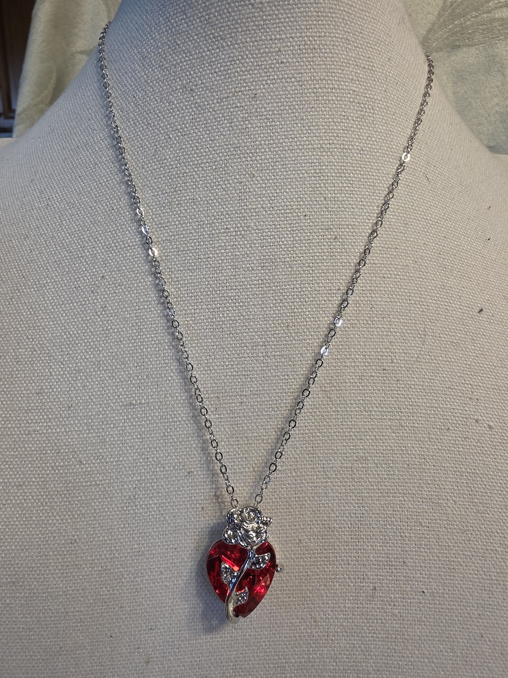 #1439 Silver Necklace with Red Crystal Heart Pendant
